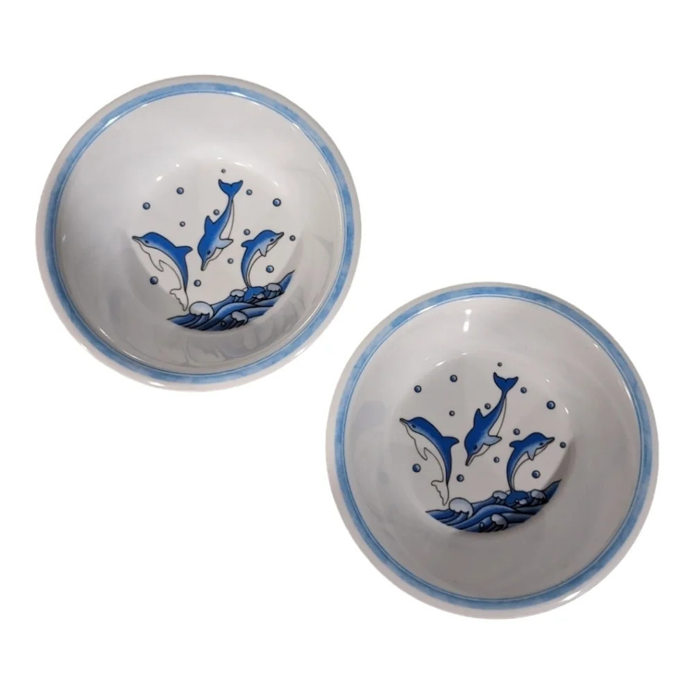 Mela-Ware Set of 2 Melamine Dolphin Kid's Bowls, Blue/White